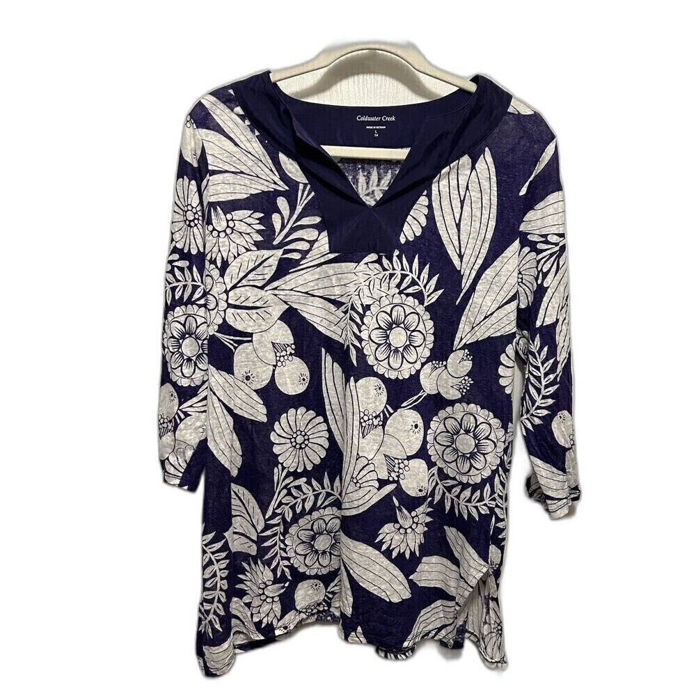 Coldwater Creek Linen Top L Large Indigo Blue White Bali Floral Split Neck Shirt